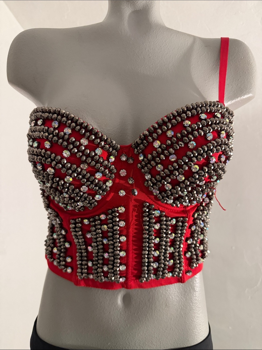 Love J Red Rhinestone Studded Bustier Crop Top Size L